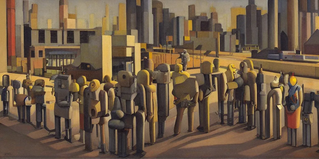 Image similar to robots queue up in a stark brutalist town, street elevation, grant wood, pj crook, edward hopper, oil on canvas