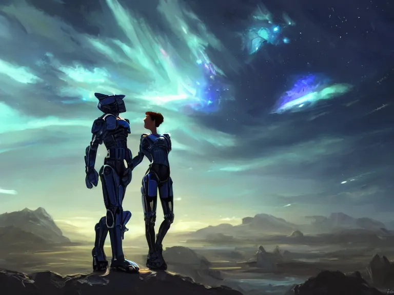 Prompt: A ultradetailed beautiful panting of Jane Shepard and Garrus drink their last drink on a cloudly nebula, oil panting, high resolution 4K, by Makoto Shinkai and Bioware