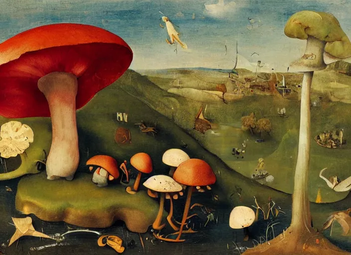 Image similar to a painting of a cute creature sitting next to a mushroom, detailed, realistic, in style of hieronymus bosch