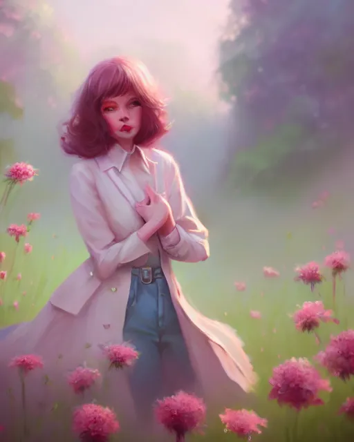 Image similar to candy clark surrounded by mist and pretty flowers, very detailed, realistic face, detailed face, matte, tonemapping, perfection, 4 k, cushart krenz, cinematic, atmospheric