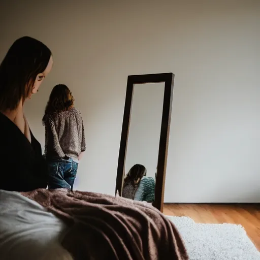 Prompt: young white woman and man staring at a mirror showing infinite reality, bedroom, XF IQ4, 150MP, 50mm, F1.4, ISO 200, 1/160s, natural light