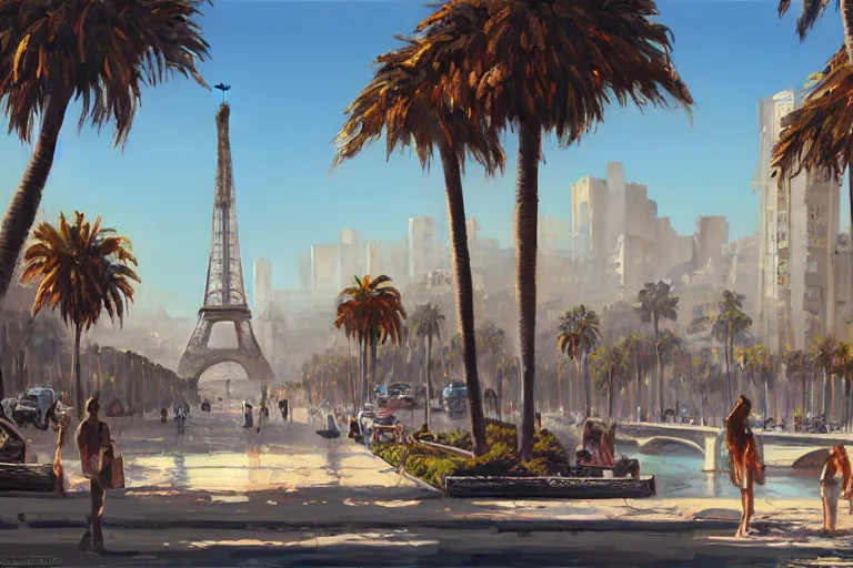 Prompt: landscape of the beautiful city of paris rebuilt near the pacific ocean in sunny california, amazing weather, sandy beach, palm trees, splendid haussmann architecture, digital painting, highly detailed, intricate, without duplication, art by craig mullins, greg rutkwowski, concept art, matte painting, trending on artstation