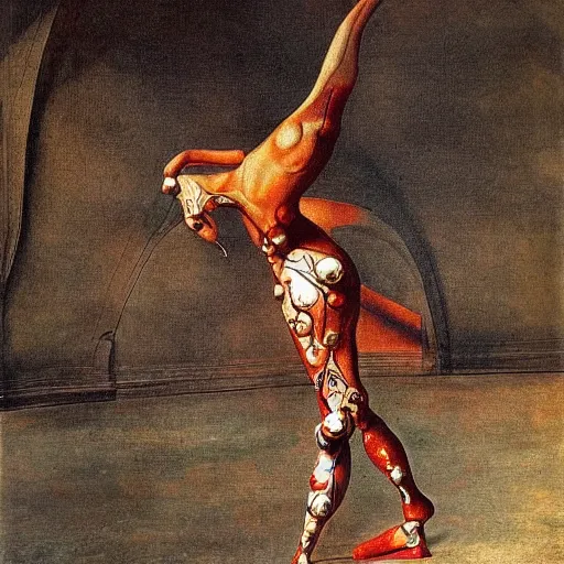 Image similar to a highly detailed painting of an elegant male dancer on flamingo legs by salvador dali and vadim stein, in a domed destroyed ballroom splattered with rot and decay by albrecht durer, dramatic lighting