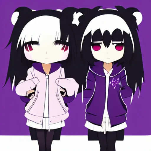 Image similar to two girls, a girl with short white hair and polar bear ears wearing an open black coat, another girl with long black hair wearinga purple hoodie with red eyes, anime key visual art, anime artystyle