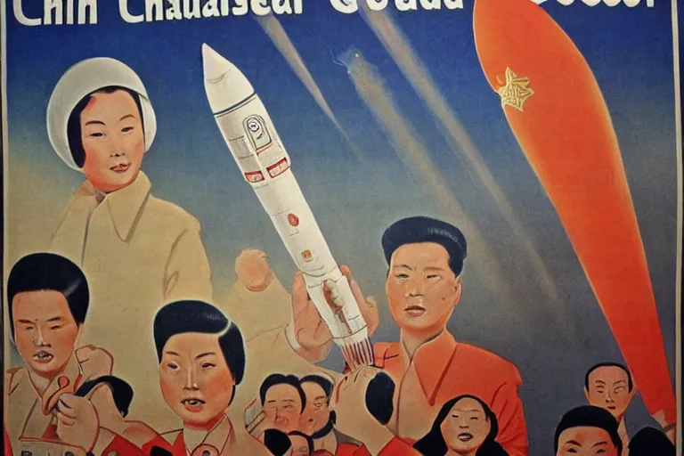 Prompt: vintage poster chinese cultural revolution propaganda, realistic, grain, rockets, astronauts