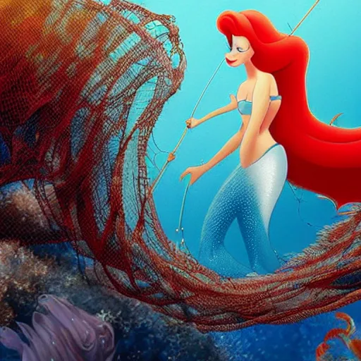 Prompt: disney poster of the little mermaid ariel trapped in a fishing net, trawl, bycatch, distressed, sad, 4 k, artstation