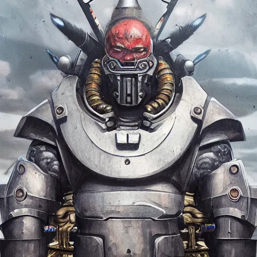 Prompt: majestic, hulking albino clone with engineering diagram tattoos on forehead and rough features, angular steel aztec power armor, on battlefield with strange coiled, spiral clouds, concept art by deak ferrand, greg rutkowski and carvaggio