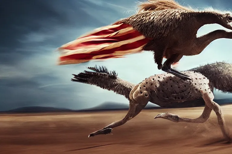 Prompt: an astronaut riding the fastest ostrich in a race, cinematic imax shot, retro, hyper detailed, windy mane, motion still