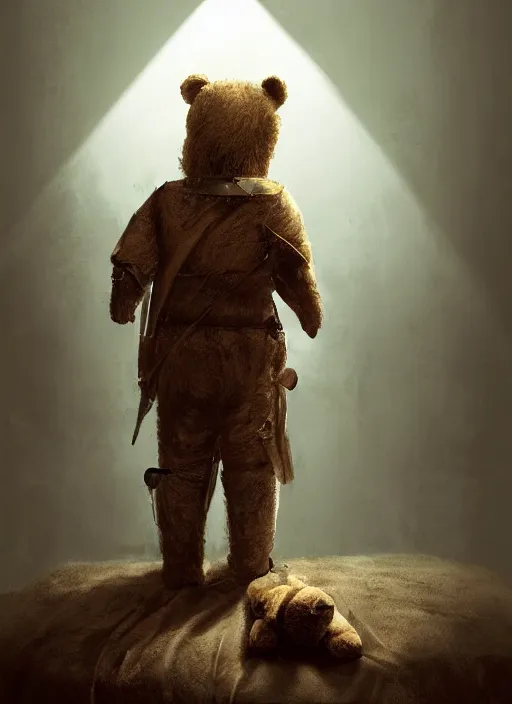 Image similar to a teddy bear dressed as a knight stands on a bed to scar away a nightmare that looms over a sleeping child, portrait, dramatic lighting, cinematic, establishing shot, extremly high detail, photo realistic, foto realistic, cinematic lighting, post processed, concept art, artstation, matte painting, style by eddie mendoza, raphael lacoste, alex ross