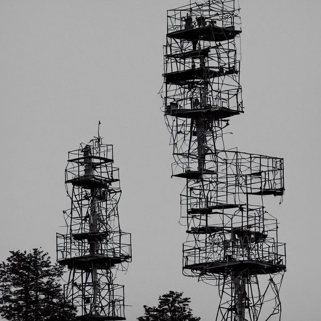 Prompt: a bored radio station tower leaving for a walk, in conceptual & CoBrA style