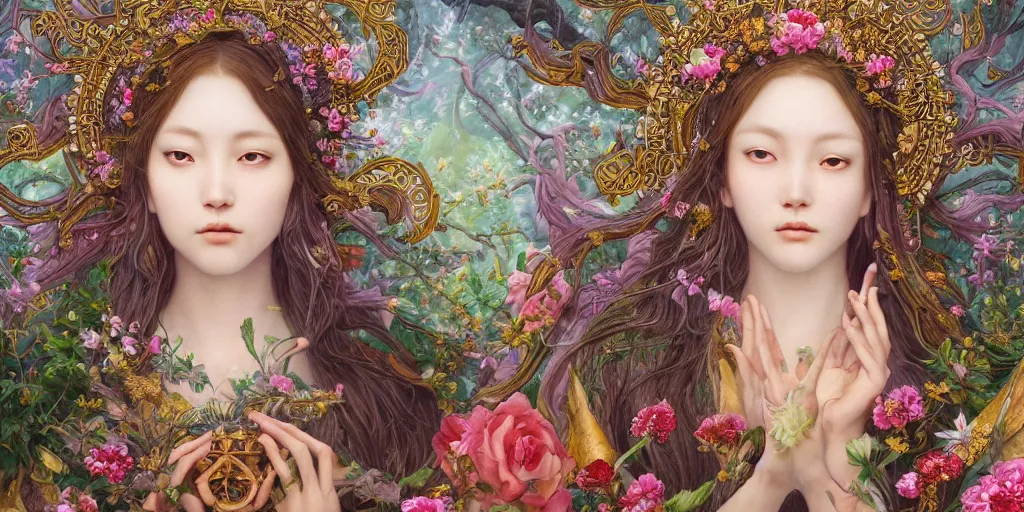 Image similar to breathtaking detailed concept art painting of the goddess Flora, orthodox saint, with anxious, piercing eyes, ornate background, amalgamation of leaves and flowers, by Hsiao-Ron Cheng, James jean, Miho Hirano, Hayao Miyazaki, HDR, extremely moody lighting, 8K