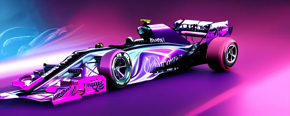 Prompt: abstract illustration of a formula one car, synthwave, purple and pink, motion blur, light streaks, octane render