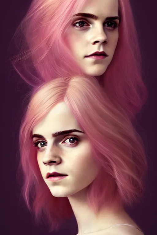 Image similar to Portrait of a beautiful pale skin Nordic female Emma Watson with long pink hair, elegant, photorealistic, highly detailed, artstation, smooth, sharp focus, gold ornaments, neon lighting, sci-fi, art by Klimt.