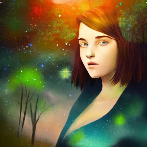 Image similar to a photo of a young woman with short brown hair, green eyes, beautiful trees in the background, night sky with multicolor stars and galaxies, trending on artstation