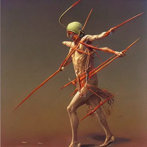 Image similar to Zdzisław Beksiński painting of an elf archer