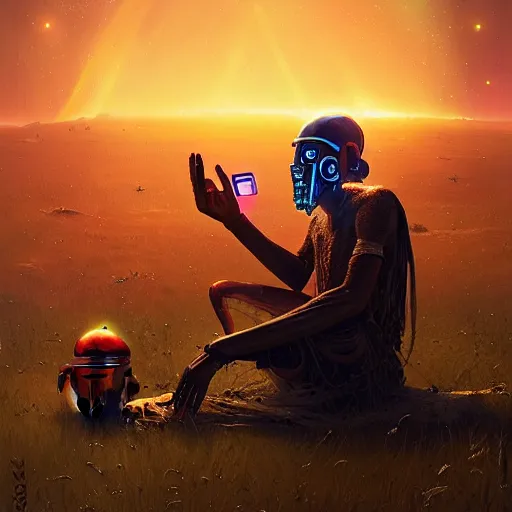 Prompt: a cyberpunk mursi elder sitting in a field watching a meteor shower with his droid in the foreground by greg rutkowski and android jones in a cyberpunk style, oil on canvas, 8k, afrofuturism