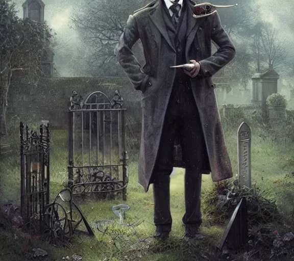 Image similar to sherlock holmes standing in a graveyard, soft colors, detailed, digital art, hd, by tom bagshaw, by fintan magee, by raymond swanland