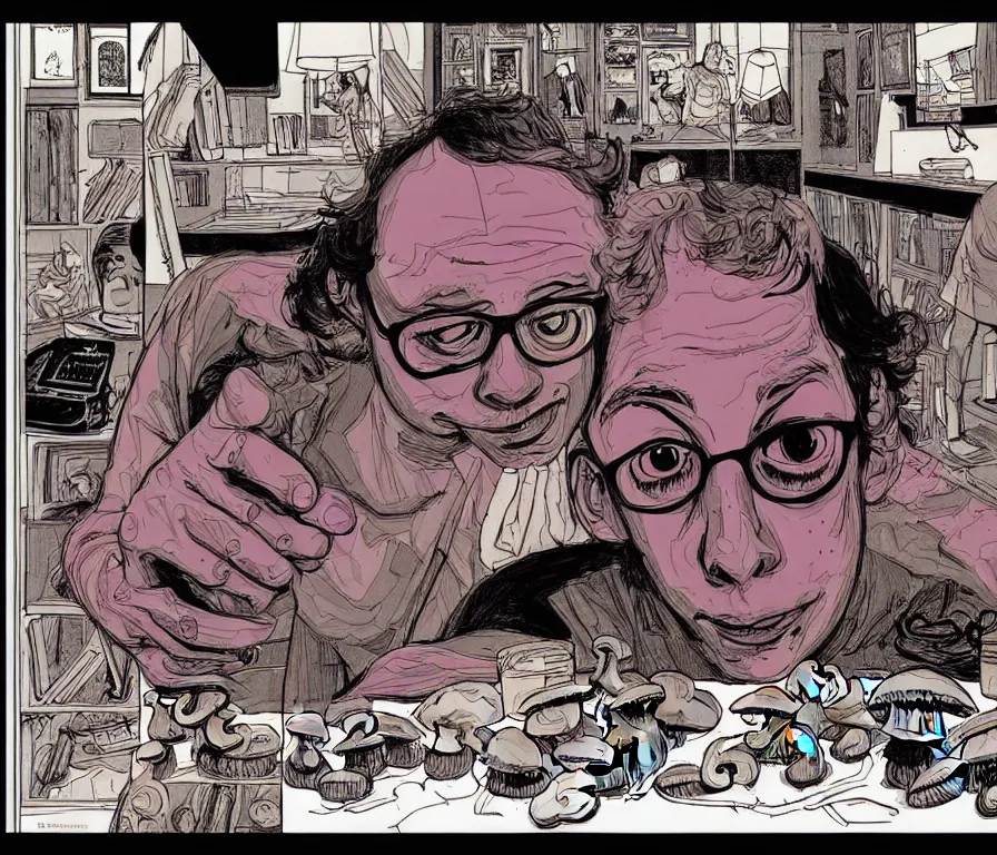 Image similar to character study of todd solondz tripping on mushrooms | vivid colors : storyboard, concept design, realistic. by gabriel hardman, joe alves, j. todd anderson, chris bonura. cinematic atmosphere, detailed and intricate, perfect anatomy