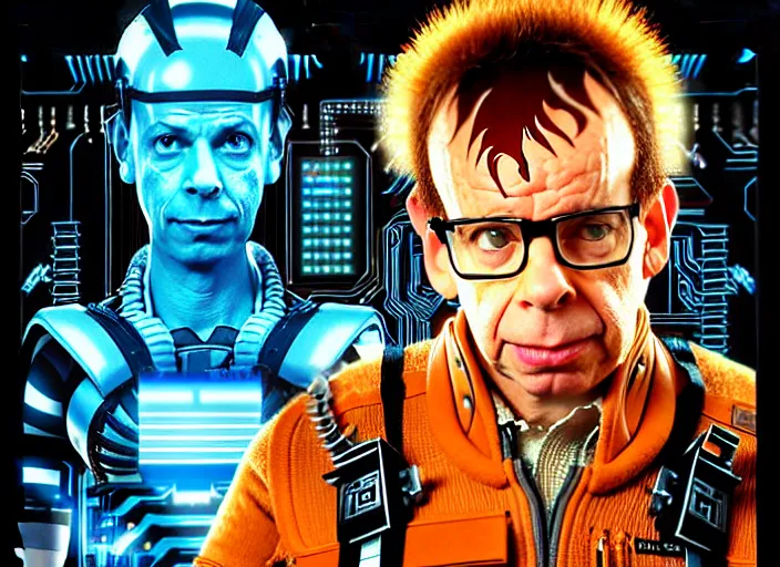 Image similar to rick moranis in the fifth element, far future, highly detailed, trending on artstation, intricate, cinematic composition, by rutkowski