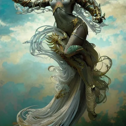 Image similar to a stunning dynamic pose full body of a celestial goddess of the dragons, intricate, 8k highly professionally detailed, hdr, CGSociety, dark fantasy, dynamic lighting, cinematic, pristine, smooth, cosplay, elegant, sharp focus, art by alphonse mucha and greg rutkowski,