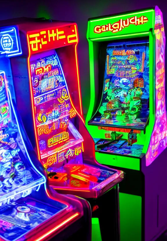 Prompt: cyberpunk gashapon machine, neon sign that says glitch, in an arcade
