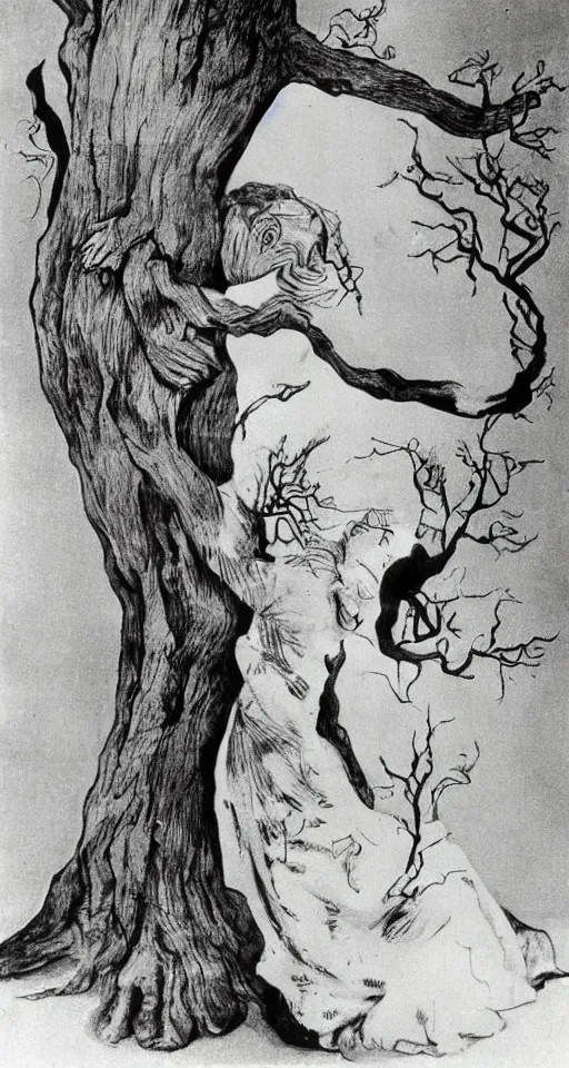 Image similar to Marie Curie hugging a tree by Salvador Dalí