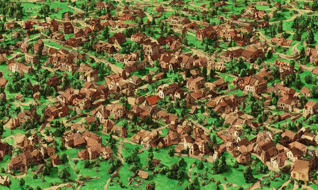 Prompt: beautiful medieval village diorama with a few houses and farms, digital art