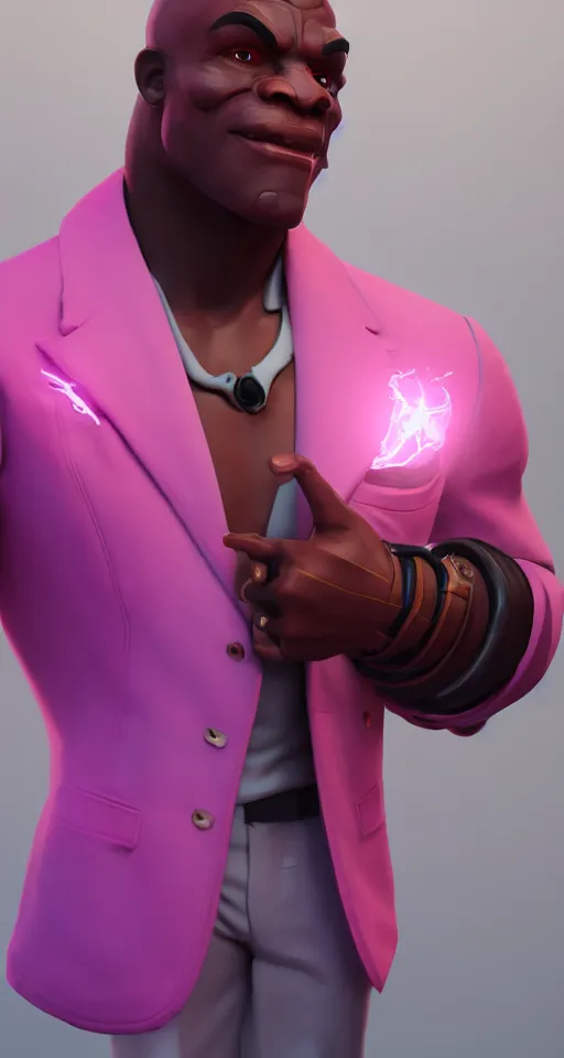 Image similar to doomfist, pink blazer, overwatch game, digital art, high detailed, artstation, 3 d render