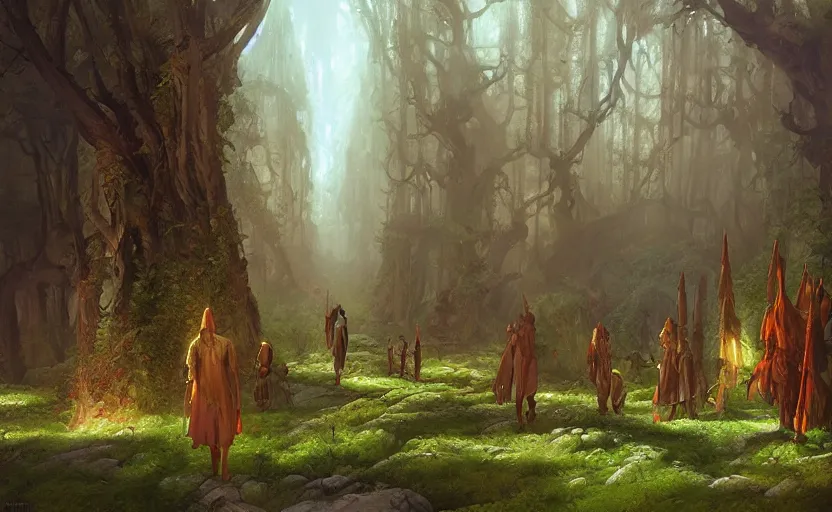 Prompt: magic forest with mage elves, matte painting by christophe vacher and marc simonetti.