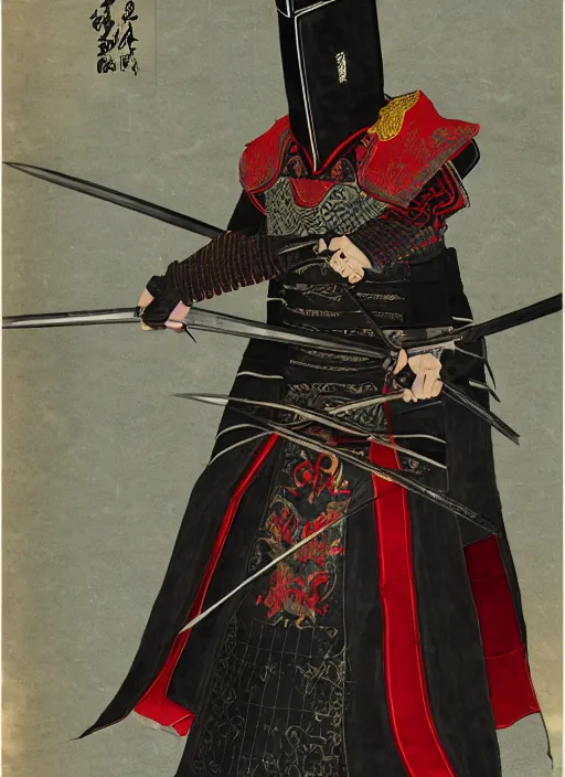 Image similar to full portrait of female vampire jinyiwei wearing black heavy armor and pointed helmet, stern, agile, elegant, imposing, jinyiwei, embroidered uniform guard, secret agent, detective, chinese armor, historical armor, pointed helmet, katana, nodachi, japanese sword, ming dynasty, detailed, realistic, anatomically accurate.