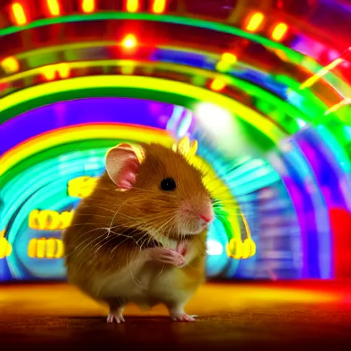 Image similar to hamster in a rainbow cyberpunk city with bright neon lights, 8 k, hd, light reflection