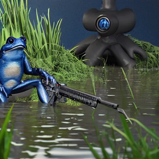 Image similar to cinematic shot of an anthropomorphic blue frog wearing a pink suit of armor aiming an AK-47 knee-deep in a swamp, very intricate, very detailed, depth of field,