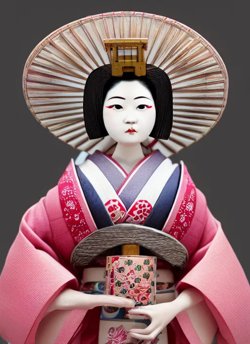 Prompt: closeup portrait of tin toy japan geisha kimono girl trap, depth of field, zeiss lens, detailed, symmetrical, centered, fashion photoshoot, by nicoletta ceccoli, mark ryden, lostfish, breathtaking, 8 k resolution, extremely detailed, beautiful, establishing shot, artistic, hyperrealistic, octane render