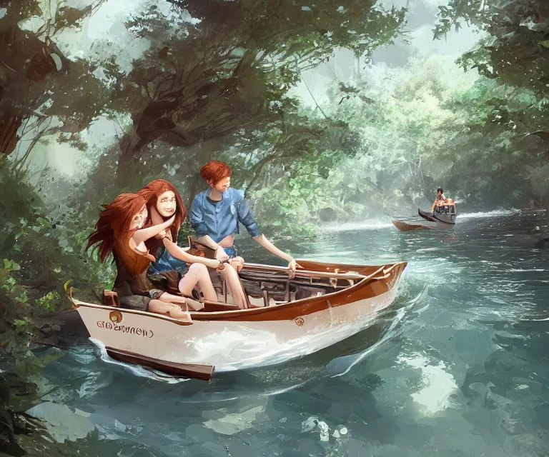 Image similar to one girl with long, flowing auburn hair, and one boy with short brown hair sitting together in one single small wooden paddle boat sailing down a narrow river in a forest, rocky shore, trees, shady, blue waters, ripples, waves, reflections, details, sharp focus, illustration, by Jordan Grimmer and greg rutkowski, Trending artstation, pixiv, digital art