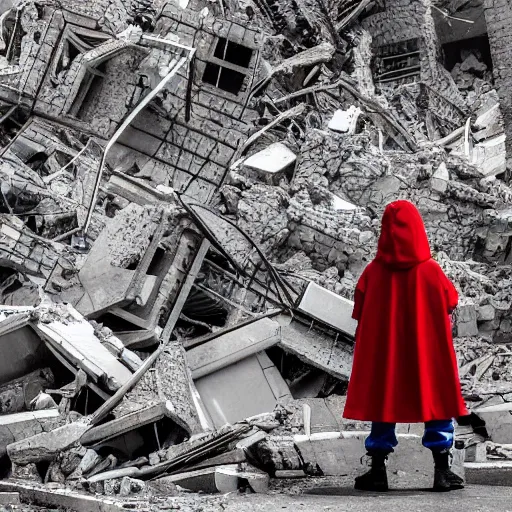 Prompt: a highly detailed technical shot with a kid wearing a long red cloak standing in front of a massive concrete wall that is breaking down into rubble with a telephot lens looking up at the destruction and at the top of the wall is a bunch of military soldiers standing guard, in the style of kastuhiro otomo, manga anime, style of 90's manga, oedo 808, geno-cyber aesthetic, western film compositions, intricate details,