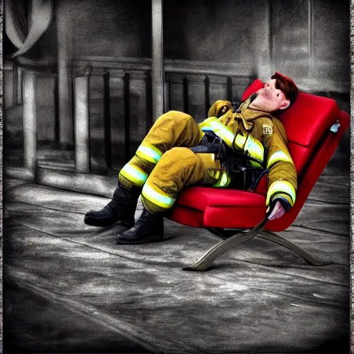 Image similar to Short firefighter asleep on blue reclining chair, digital art