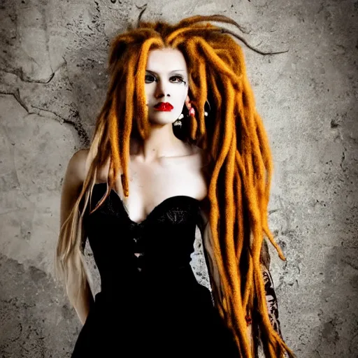 Prompt: modeling headshot photography flawless young beautiful gothic female with blonde and red dreadlocks in a black ballgown, dark, piercing clear eyes, symmetrical golden ration exotic stoic expression, photorealistic, highly detailed, mysterious lighting, smooth, sharp focus, 8 0 mm camera