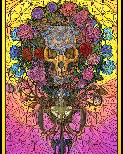 Image similar to Tiger skull art surrounded by varities of flowers, cell shading, voronoi, fibonacci sequence, sacred geometry by Alphonse Mucha, Moebius, hiroshi yoshida, Art Nouveau, colorful, ultradetailed, vivid colour, 3d