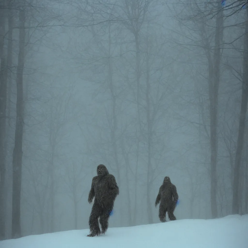 Image similar to photo, bigfoot is hiding in the background. cold color temperature, snow storm. hazy atmosphere. humidity haze. kodak ektachrome, greenish expired film, award winning, low contrast