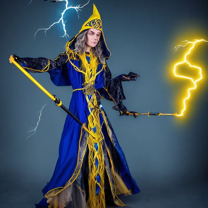 Prompt: photograph of a real - life beautiful elemental lightning witch with ornate yellow and blue robes and staff. extremely detailed. 8 k