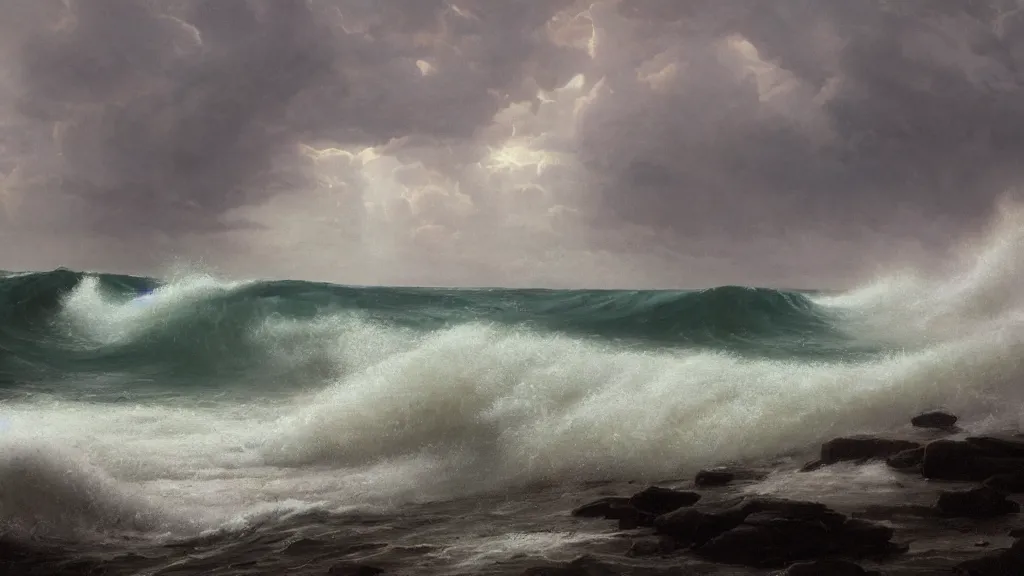 Image similar to first person view of breaking waves on the shore, summer, during a thunderstorm, raining, heavy rain, 🌧️, ⛈️,⚡, sea breeze rises in the air, by andreas rocha and john howe, and Martin Johnson Heade, featured on artstation, featured on behance, golden ratio, ultrawide angle, f32, well composed