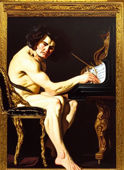 Image similar to highly detailed oil painting | very intricate | cinematic lighting | black, white and gold color scheme, dark background | the beast ludwig van beethoven in meditation | by roberto ferri, by gustav moreau, by singer sargent and klimt, american romanticism, occult art | by austin osman spare, artstation, cgsociety, official art, octane