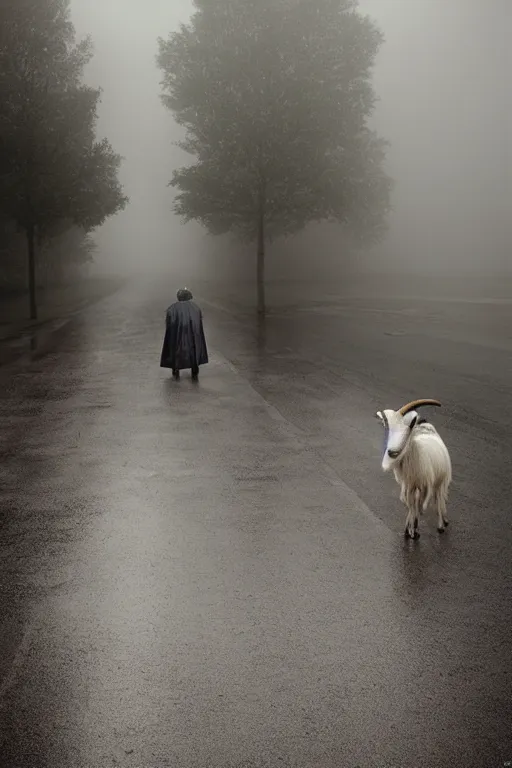 Image similar to the most evil looking goat ever seen and a clown in the street, rainy day, foggy, by gregory crewdson