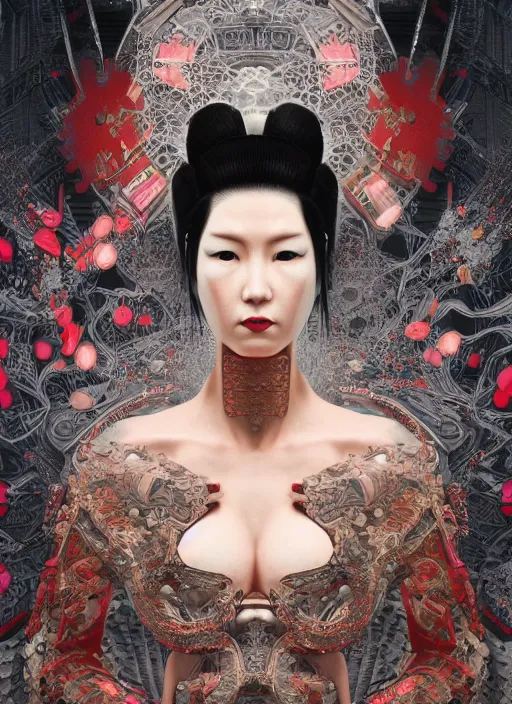 Image similar to portrait of a seductive cyberpunk geisha yakuza, imari, modern fine art, fractal, in the style of ex - machina, intricate ornaments, elegant, highly detailed, digital photography, subsurface scattering, by mc escher and greg rutkowski,