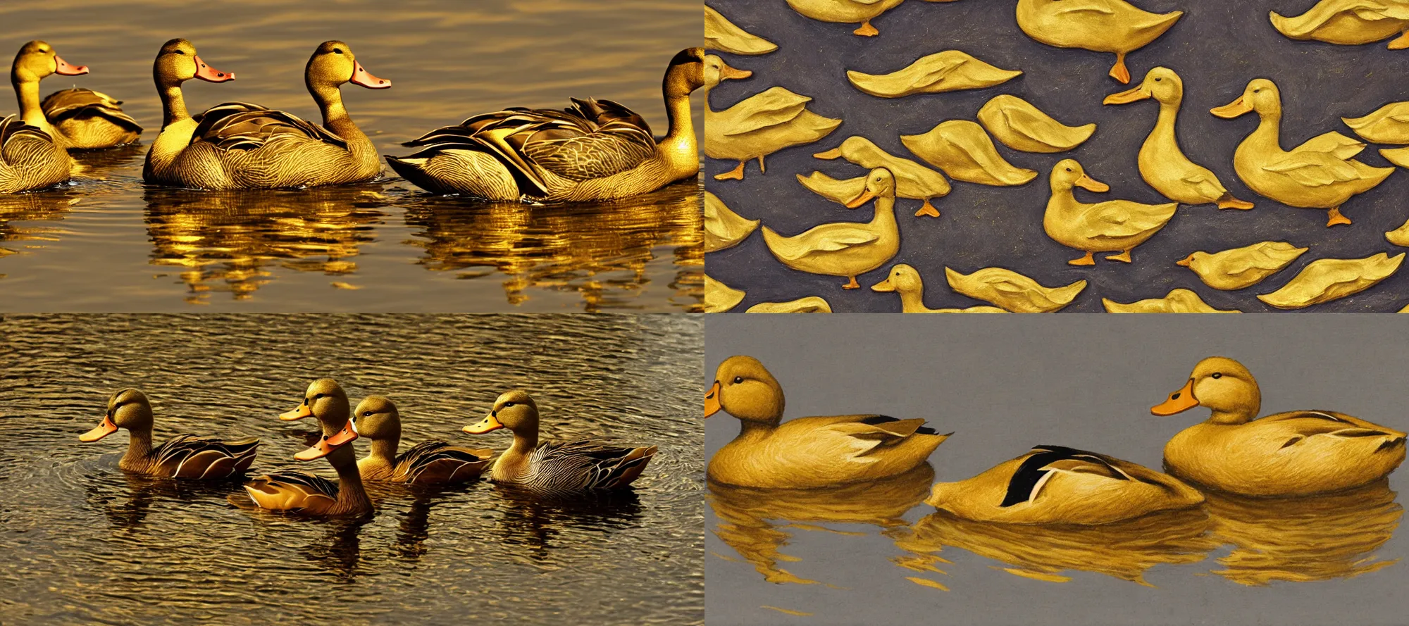 Prompt: Ducks in melted gold