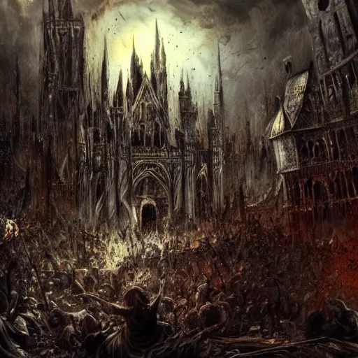 Prompt: a religious scene, chaos, night, rot, blood, epic art, dark souls, highly detailed, intricate background