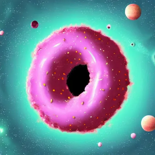 Prompt: an outer space planet that looks like a pink sprinkled donut, realistic fantasy illustration