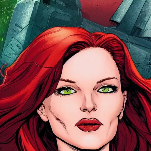 Image similar to Portrait of Jean Grey, a beautiful woman in her 30s, with red hair and green eyes, symmetrical face, detailed features, artstation, graphic novel, art by Ardian Syaf and Chris Bachalo and Olivier Coipel and Pepe Larraz,