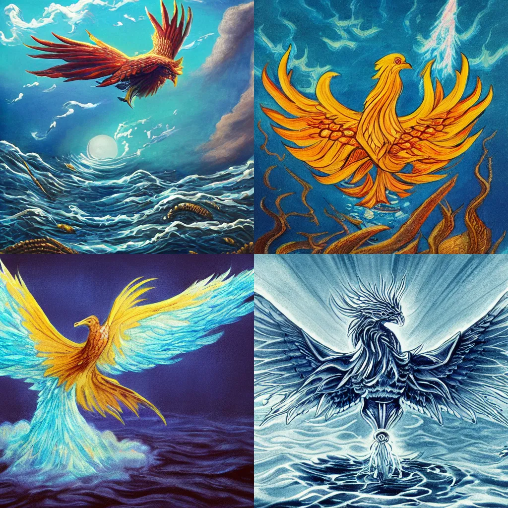 Prompt: A phoenix under water, in the sea, highly detailed