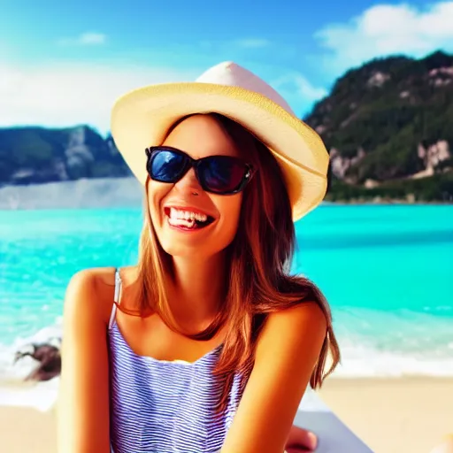 Prompt: young beautiful happy woman on vacation wearing summer hat and fashionable sunglasses.